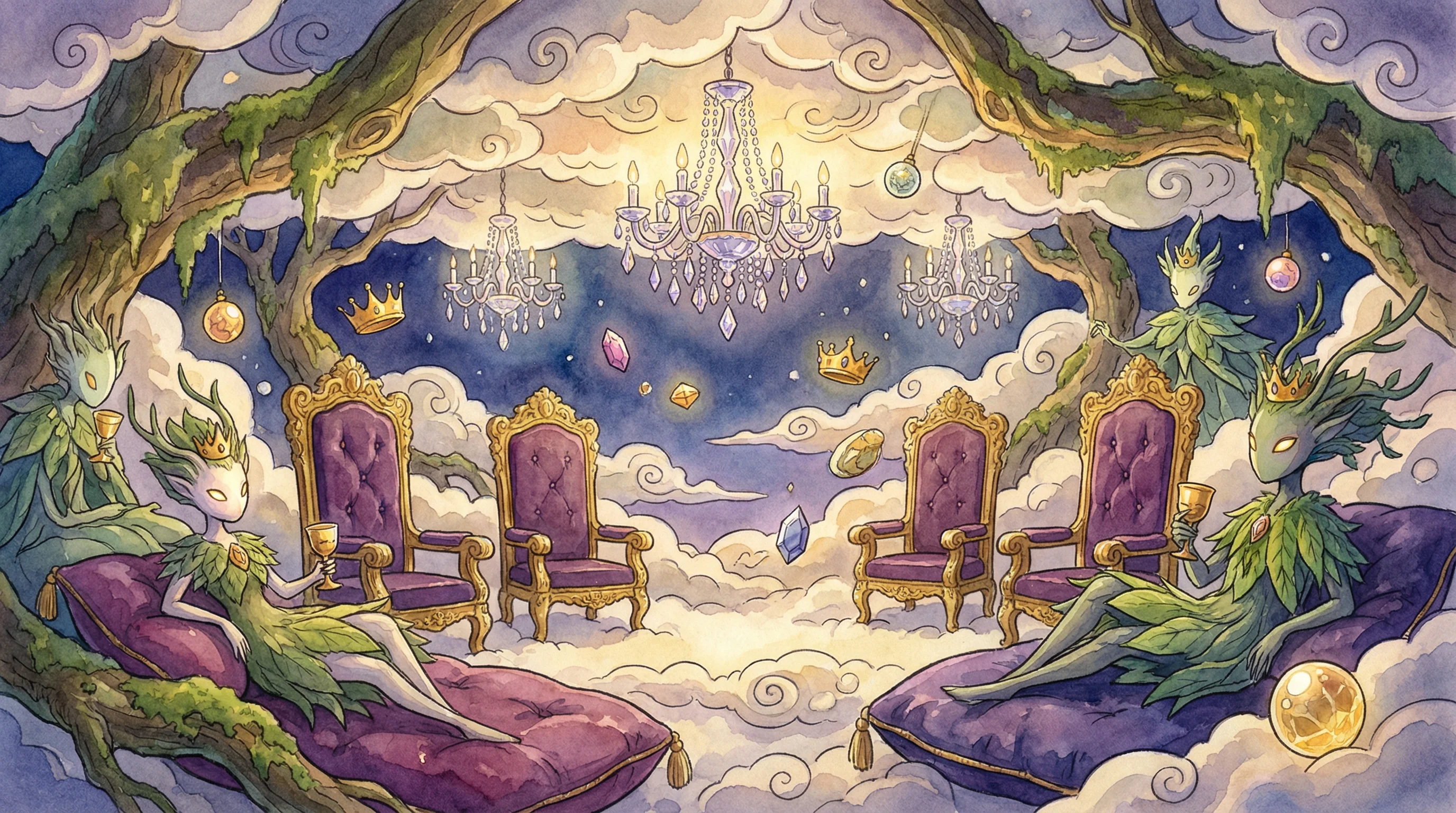 Salão VIP nas nuvens com tronos dourados e lustres de cristal